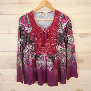 One World Women's Size M Long Sleeve Top Crochet Accent Tassels